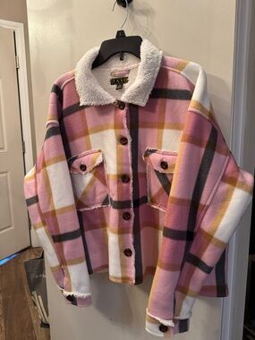1X Sherpa Button Down Coat Plaid Pink Cream Brown